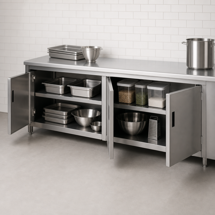 Product image #3 for Advance Tabco 108-Inch x 24-Inch Stainless Steel Work Table with Cabinet Base and Hinged Doors
