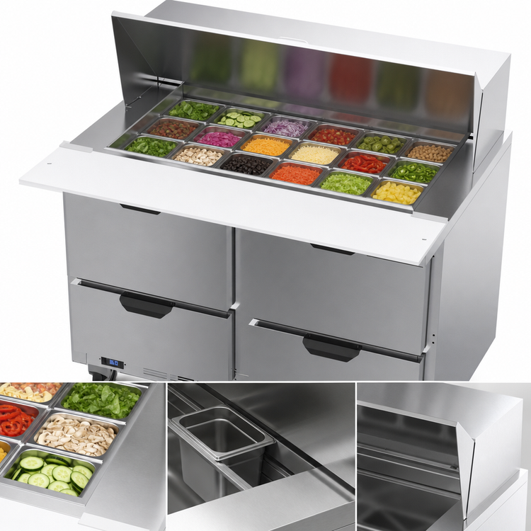 Product image #4 for Beverage-Air SPED48HC-18M-4 48-Inch Two-Section Mega Top Refrigerated Prep Table with 4 Drawers
