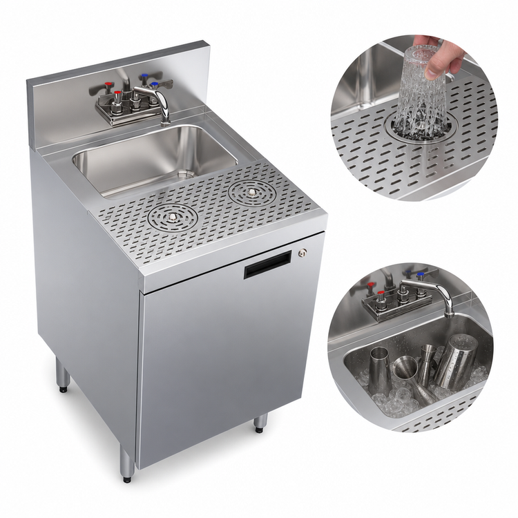 Product image #3 for Krowne Royal Series 18 Inch x 24 Inch Underbar Speed Station with Dump Sink, Speed Rinser, and Cabinet Base