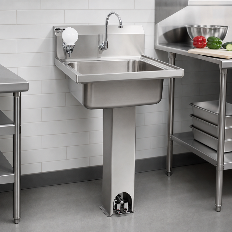 Product image #3 for Eagle Group Pedestal-Mount Lavatory Hand Sink with Foot-Valve Gooseneck Spout, Soap Dispenser, Basket Drain, 304 Stainless Steel