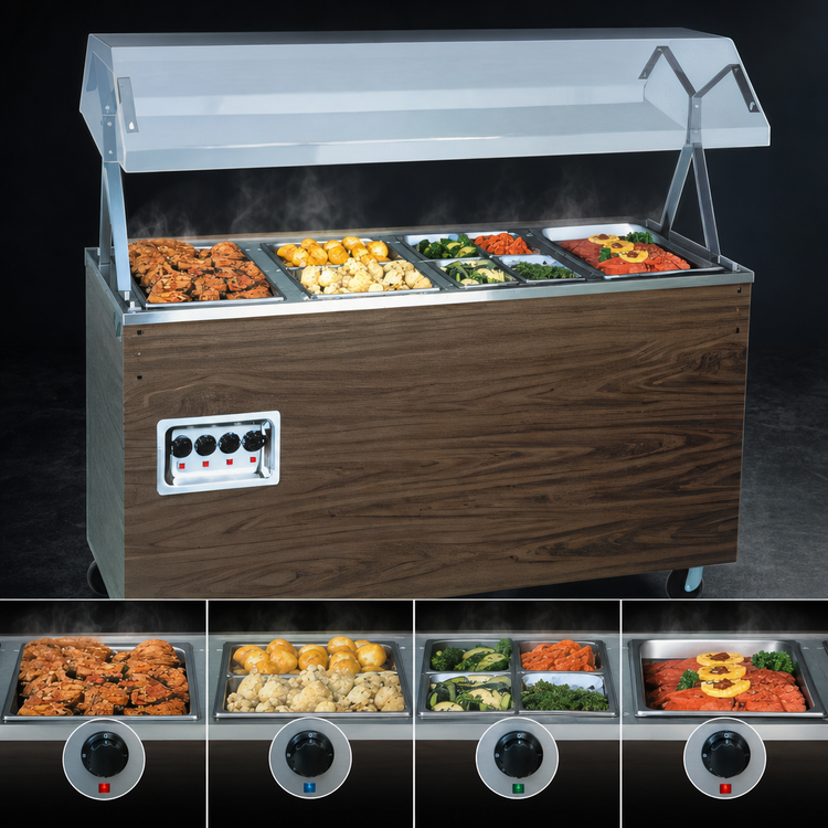 Product image #3 for 2-Series Affordable Portable 4-Well Mobile Hot Food Station with Buffet Breath Guard, Cherry Woodgrain Base, 120V