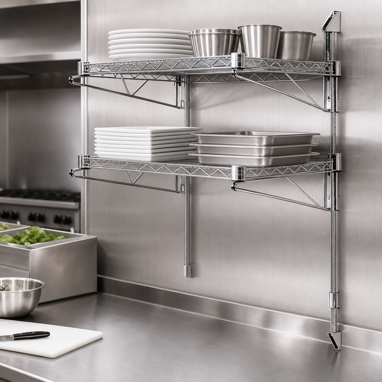 Product image #3 for Quantum Wall-Mount Cantilever Double Shelf Wire Shelving Unit, 36 x 18 Inches, Chrome-Plated