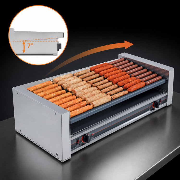 Product image #3 for Roll-A-Grill 45 Hot Dog Wide Slanted Roller Grill, 220V, 10 Chrome Rollers