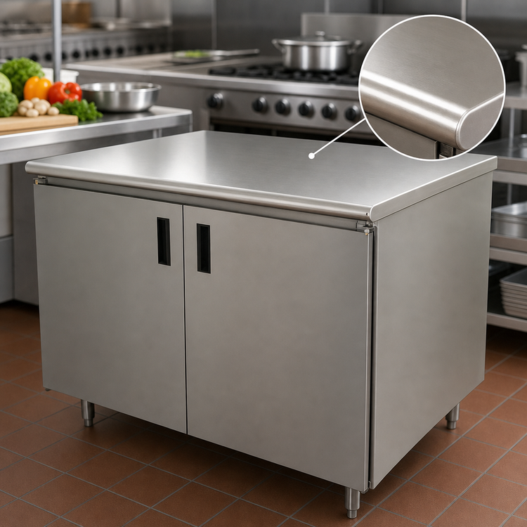 Product image #3 for Advance Tabco Special Value 36 x 24 Inch Enclosed Work Table with Cabinet Base, Mid-Shelf, Hinged Doors, and 16 Gauge 304 Stainless Steel Top