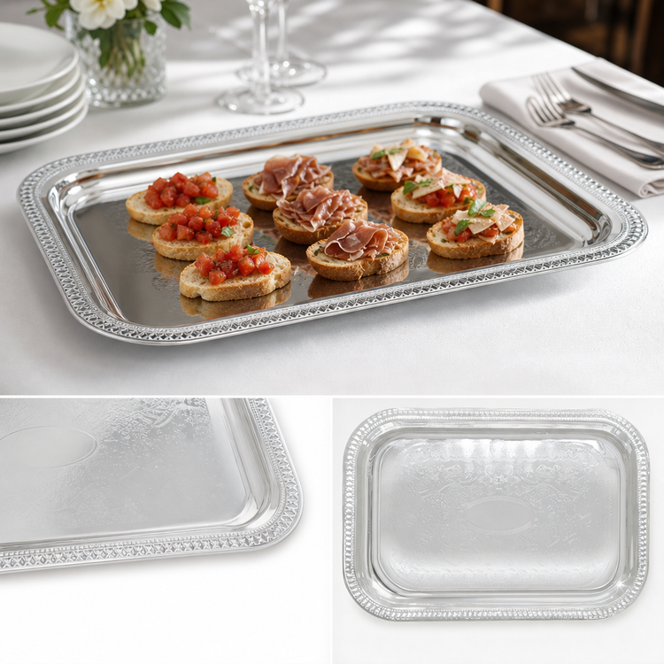 Product image #3 for 20 x 14 Inch Rectangular Chrome-Plated Serving Tray with Gadroon Edge
