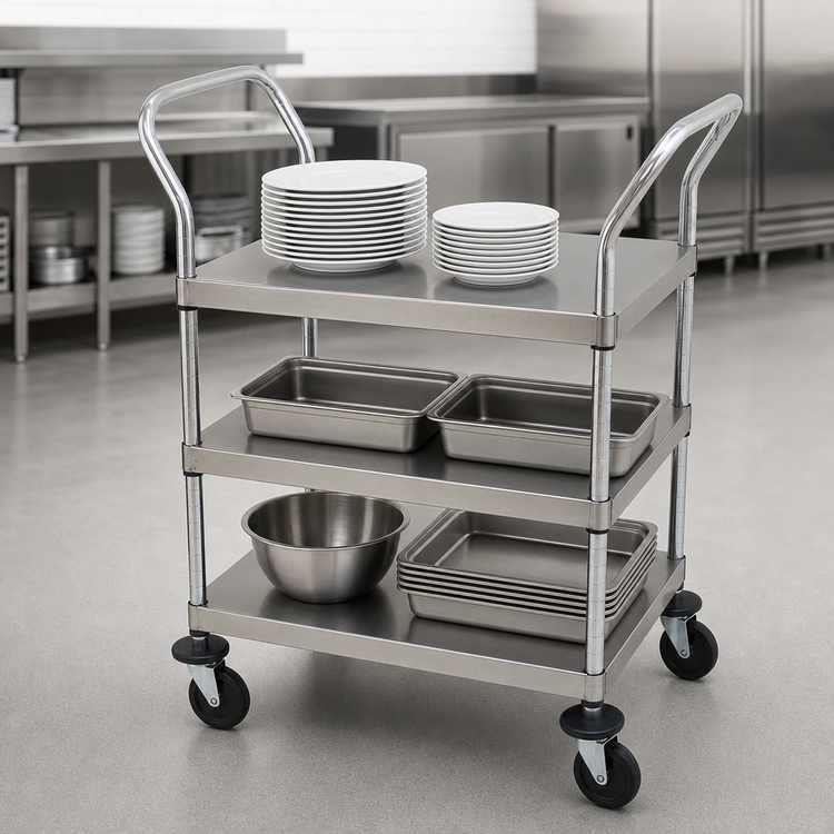 Product image #3 for Advance Tabco Three-Shelf Stainless Steel Open-Design Utility Bus Cart with Casters, 18 x 27 Inch Shelves