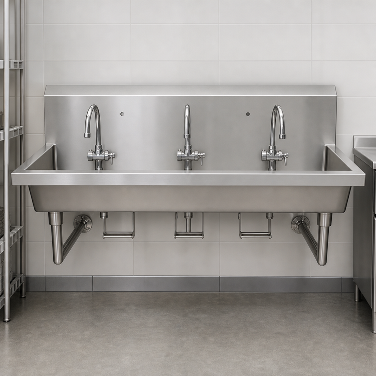 Product image #3 for BK Resources 72-Inch Three-Station Wall-Mounted 304 Stainless Steel Hand Wash Sink with Knee Valve Bracket