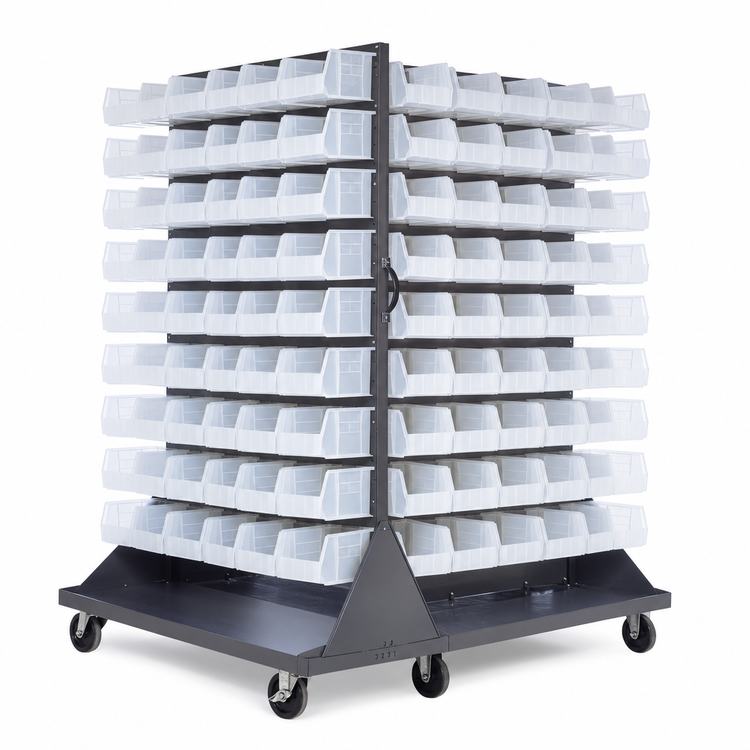 Product image #3 for Quantum Mobile Double-Sided Louvered Bin Rack with 120 Clear Bins, 36 x 25 x 72 Inches, 1200 lb Capacity