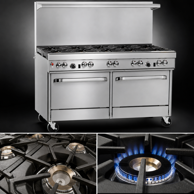 Product image #3 for Southbend Ultimate 60-Inch Gas Restaurant Range with 8 Open Burners, Standard Oven, Cabinet Base, and Backriser with Hi-Shelf