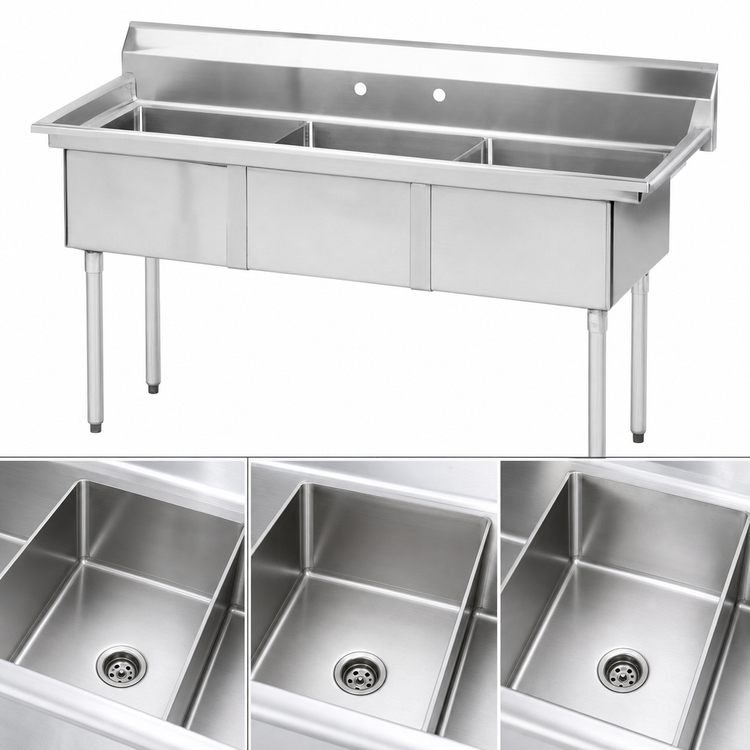 Product image #3 for Advance Tabco Special Value Series 3-Compartment Commercial Sink with Legs, 10" x 14" x 10" Bowls, 304 Stainless Steel