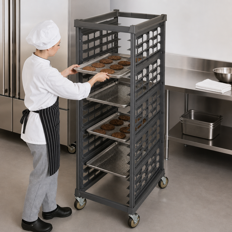 Product image #4 for Cambro Camshelving Ultimate Full-Size End-Load Sheet Pan Rack, 3-Inch Rail Spacing, Metal Casters, Brushed Graphite