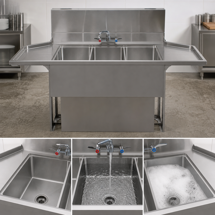 Product image #4 for BK Resources Slim-Line 3-Compartment Underbar Sink with Left and Right Drainboards