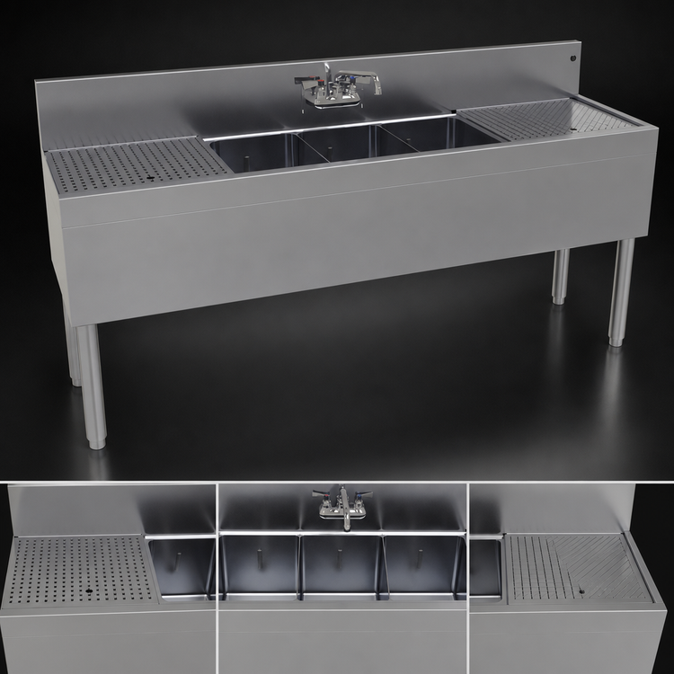 Product image #3 for Glastender 72-Inch Three-Compartment Underbar Sink Unit with Left and Right Drainboards