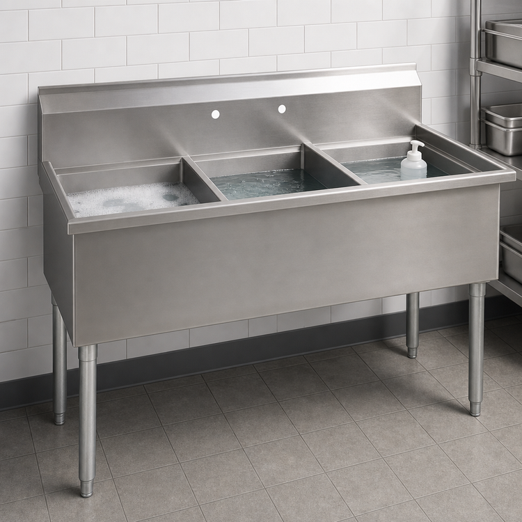 Product image #3 for Eagle Group Three-Compartment Floor Model Utility Sink, 61-3/8 Inch W x 25 Inch D, 304 Stainless Steel, No Drainboards