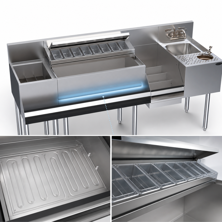 Product image #4 for Krowne Zero-Step 68-Inch Underbar Beverage Workstation with Center Ice Bin, 10-Circuit Cold Plate, Dump Sink, and Speedrail