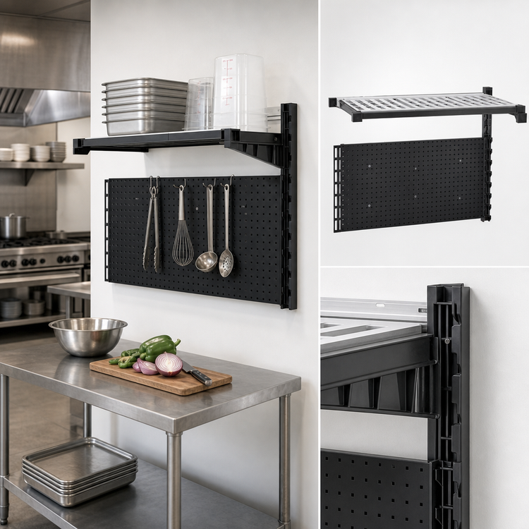 Product image #3 for Cambro Camshelving Elevation 18" x 36" Wall-Mounted Task Station Add-On Kit with Vented Shelf and Hanging Pegboard, Black