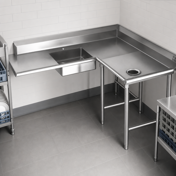 Product image #3 for Eagle Group Right-Hand Corner Soiled Dishtable, 84-Inch Machine Side x 60-Inch End, 16/430 Stainless Steel Top