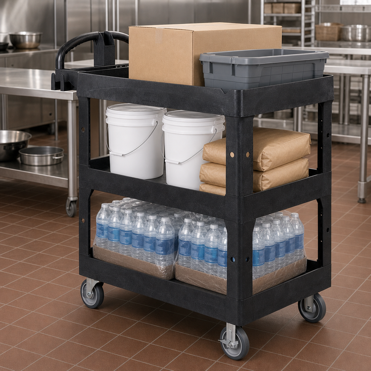 Product image #3 for Rubbermaid Commercial BRUTE Medium 3-Shelf Heavy-Duty Ergo Utility Cart, 600 lb. Capacity, Black