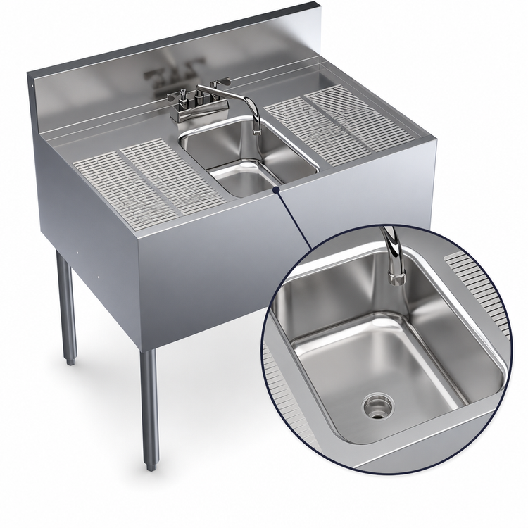 Product image #3 for Krowne Royal Series 36-Inch Wide x 24-Inch Deep One-Compartment Underbar Sink Unit with Dual Drainboards and Deck-Mount Faucet