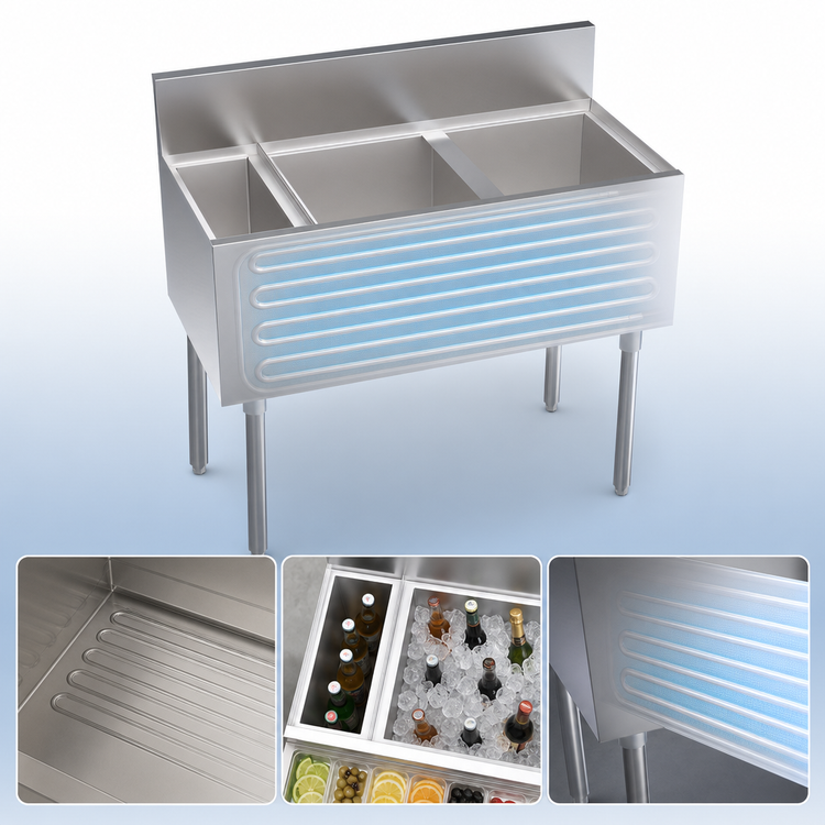 Product image #3 for 38 Inch Underbar Speed Multi Station Bar Ice Bin with Built-In 10-Circuit Cold Plate, Right Ice Bin, and Bottle Well