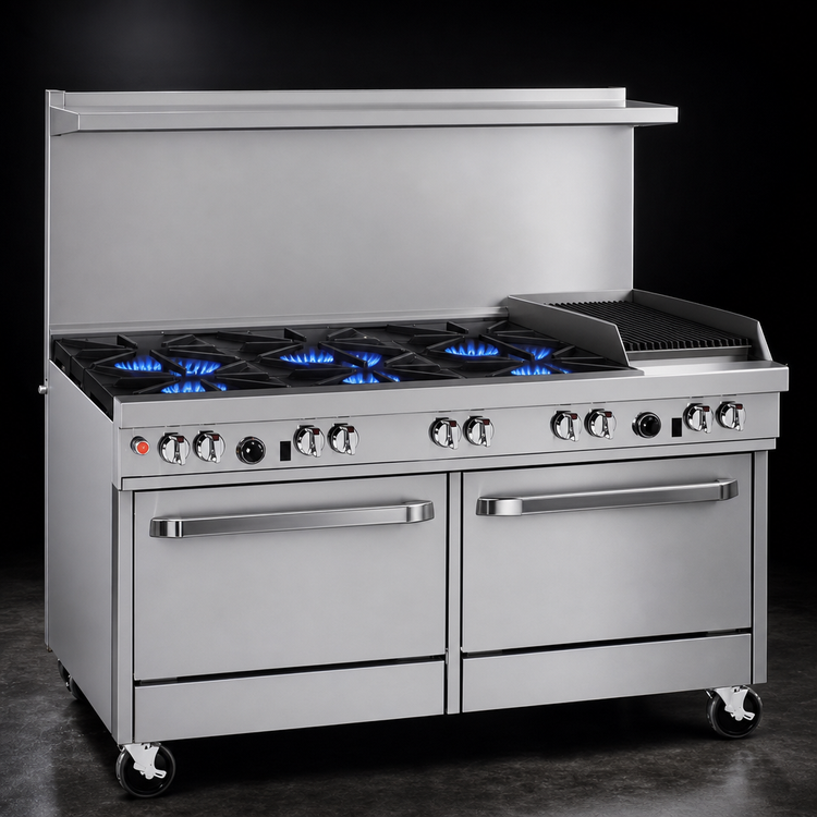 Product image #3 for Southbend Ultimate 60-Inch Gas Restaurant Range with 4 Pyromax Burners, 24-Inch Charbroiler, and 2 Cabinets