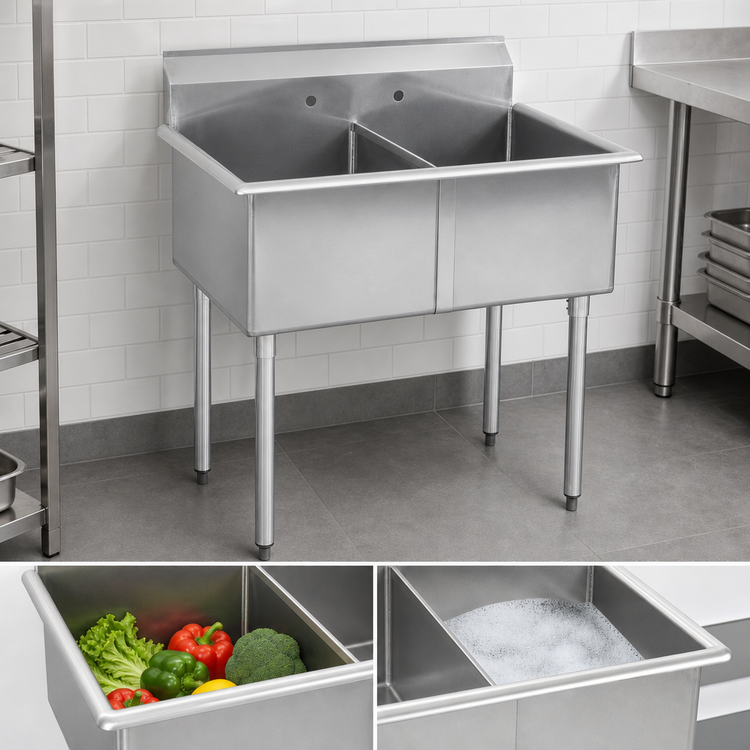 Product image #3 for Sapphire Budget 2-Compartment Stainless Steel Commercial Sink with Legs, 39 Inches Wide