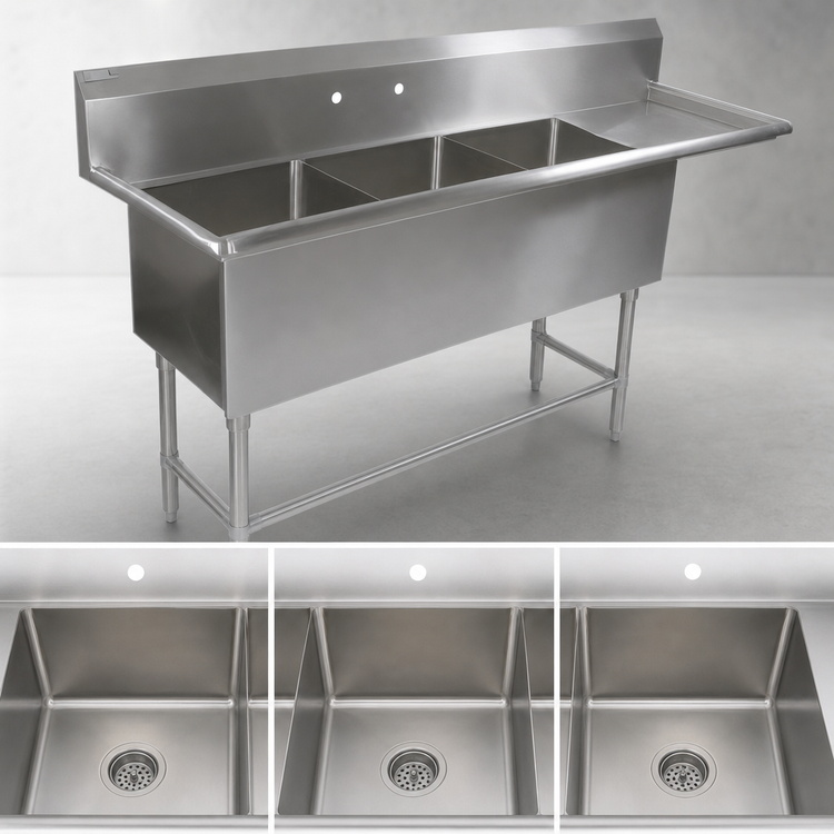 Product image #3 for John Boos Pro-Bowl 3-Compartment Floor Model Sink with Right Drainboard, 30 x 24 x 12 Inch Bowls