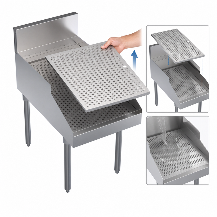 Product image #3 for Krowne Royal Series Freestanding Stainless Steel Underbar Recessed Drainboard, 18 x 29 Inches