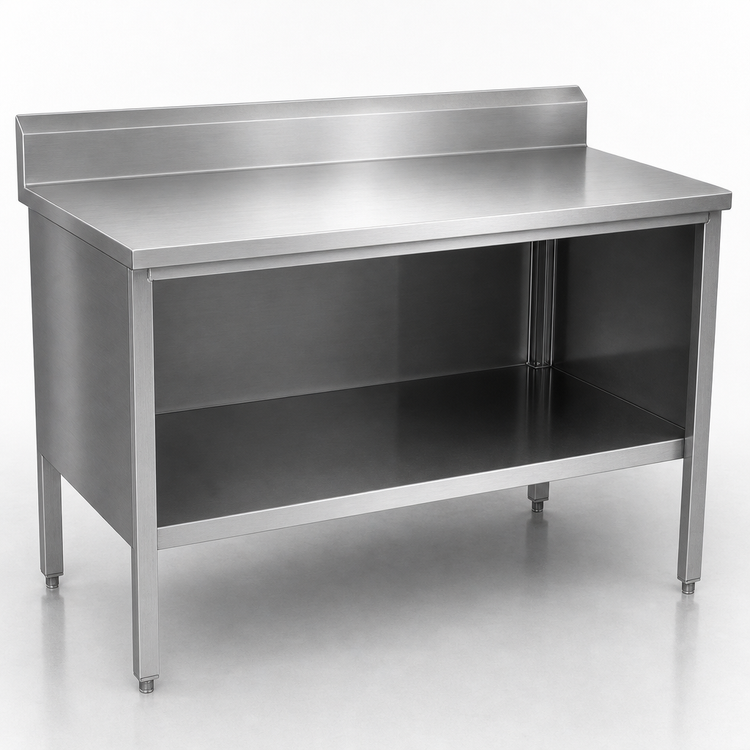 Product image #3 for Enclosed Base Open Front Work Table, 120 Inch W x 24 Inch D, 14 Gauge Stainless Steel Top, 5 Inch Backsplash