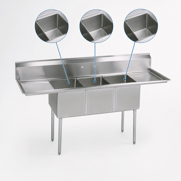 Product image #3 for BK Resources 3-Compartment Stainless Steel Sink with Dual Drainboards and 9-Inch Backsplash