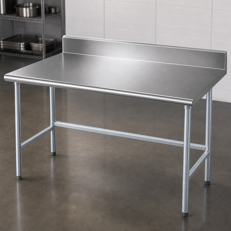 Product image #3 for Advance Tabco 120-Inch x 24-Inch 16-Gauge 304 Stainless Steel Work Table with 5-Inch Backsplash and Open Galvanized Base