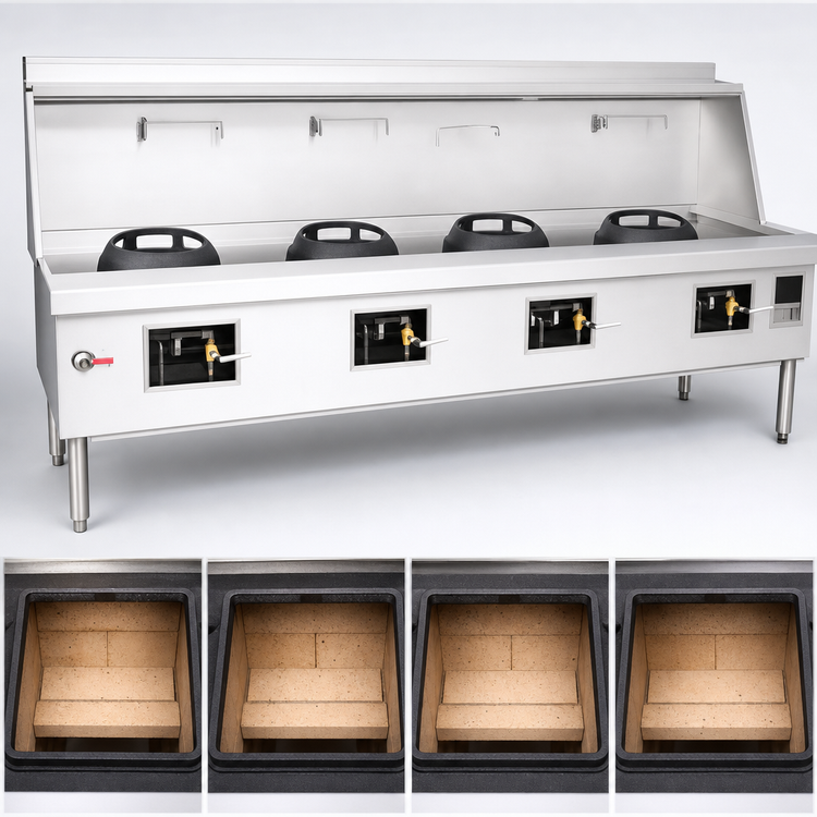 Product image #3 for MasterRange M-4-SS Four-Chamber Gas Wok Range with Stainless Steel Deck and Sides