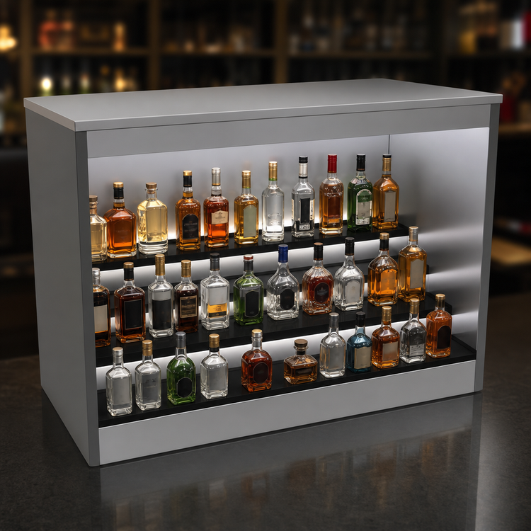 Product image #3 for Glastender 48-Inch Open Front Back Bar Liquor Display Cabinet with 3-Step Display and LED Lighting