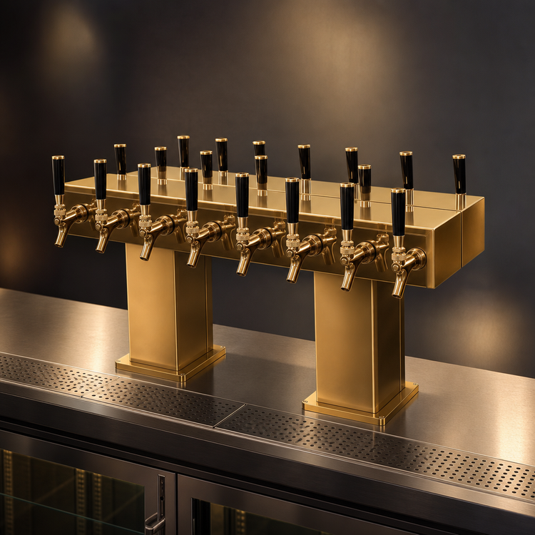 Product image #3 for Perlick Back-to-Back Bridge Tee Draft Beer Tower, Extra High, Countertop, Glycol-Cooled, 36 Faucets, Brass Finish