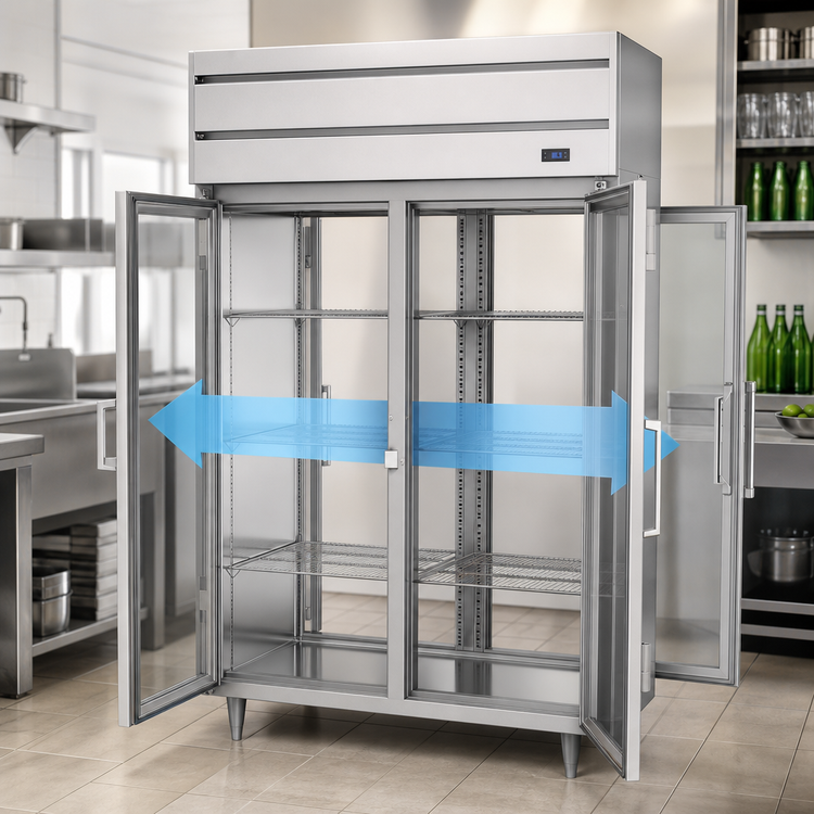 Product image #3 for Beverage-Air P Series Two-Section Pass-Thru Reach-In Refrigerator with 4 Glass Doors