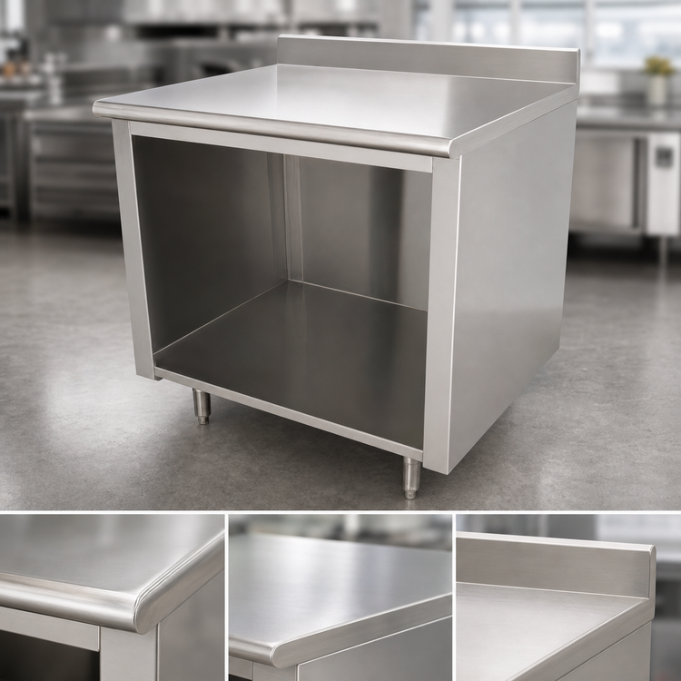 Product image #3 for Advance Tabco 84-Inch x 24-Inch Open Front Cabinet Base Work Table with 5-Inch Backsplash, 14-Gauge 304 Stainless Steel Top