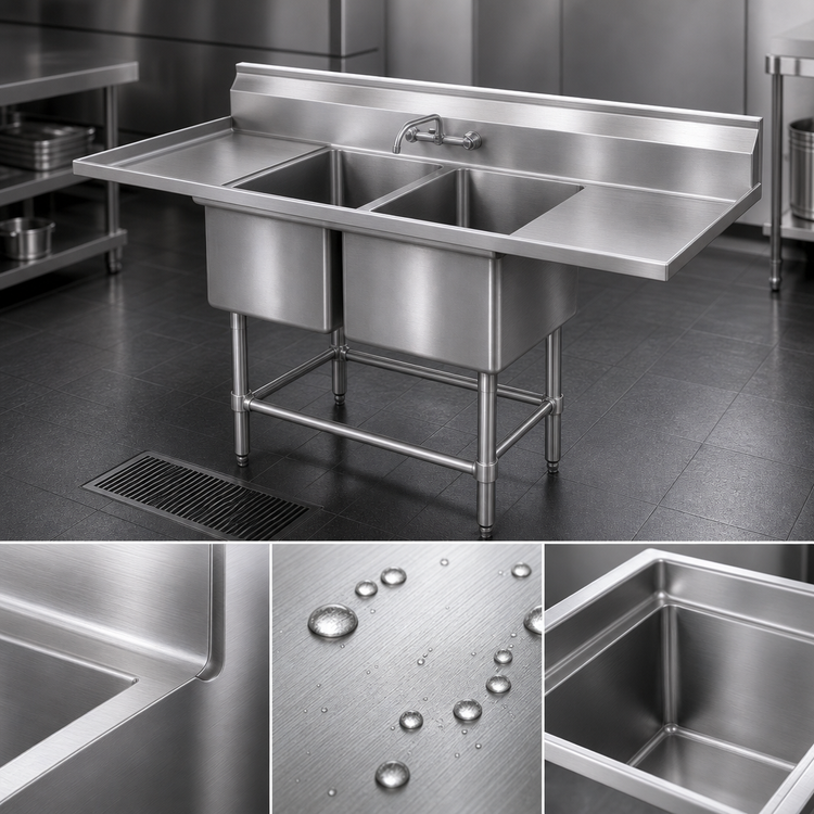 Product image #3 for Spec-Master FN Series Coved Corner Two-Compartment Sink, 47W x 35D, 14 Gauge Stainless Steel, Without Drainboards