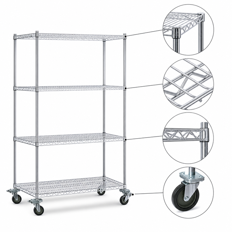 Product image #3 for Eagle Group 4-Tier Chrome Wire Shelving Dolly Truck, 69" High, with 5" Swivel Poly Casters