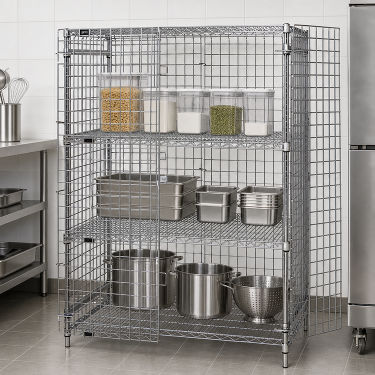 Product image #3 for Quantum 60 Inch W x 18 Inch D x 63 Inch H Stationary Wire Security Cage with 2 Intermediate Shelves, Chrome-Plated