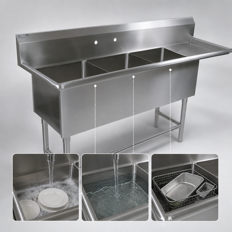 Product image #3 for John Boos Pro-Bowl 3-Compartment Sink with Right-Hand Drainboard, 130-3/16" W x 29-1/2" D, 14-Gauge Stainless Steel