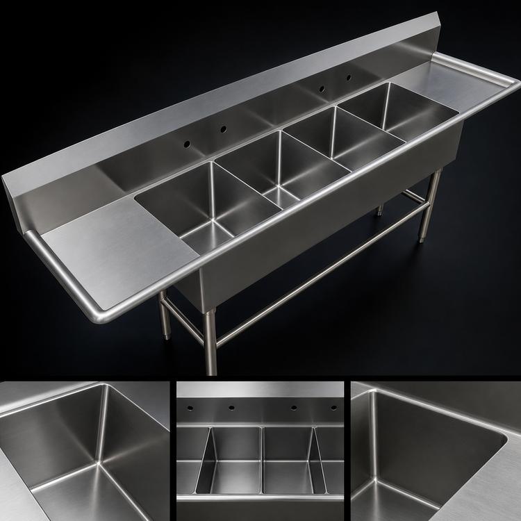 Product image #3 for John Boos Pro-Bowl 4-Compartment Sink with Left & Right 24-Inch Drainboards, 20 x 20 x 14-Inch Bowls, 14-Gauge Stainless Steel