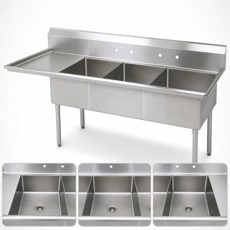 Product image #3 for BK Resources Three-Compartment Stainless Steel Sink with Left Drainboard and 24 x 24 x 14 Bowls
