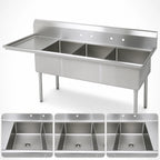 Thumbnail image #3 for BK Resources BKS-3-24-14-24L 3-Compartment Stainless Steel Sink, Left Drainboard, 24 x 24 x 14 Inch Bowls, 9 Inch Backsplash