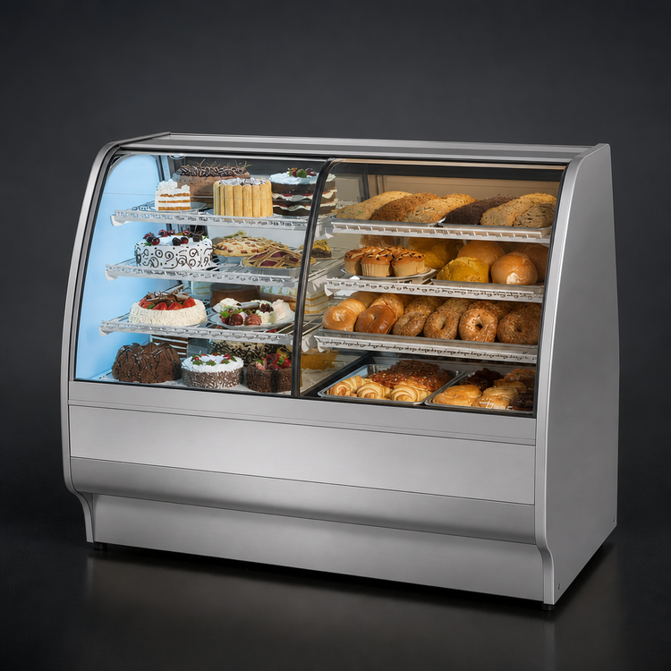 Product image #3 for True 59-1/4 Inch Dual Zone Curved Glass Full Service Merchandiser with Self-Contained R290 Refrigeration, Stainless Exterior, White Interior