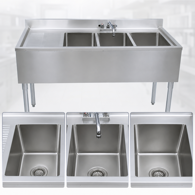 Product image #3 for BK Resources Three-Compartment Underbar Sink with Left Drainboard, Faucet, and Backsplash