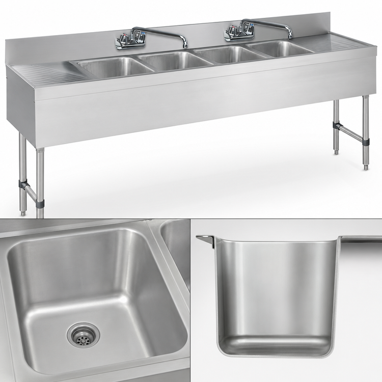 Product image #3 for Advance Tabco Special Value Series 72-Inch 4-Compartment Stainless Steel Bar Sink with Left and Right Drainboards and Splash-Mount Faucets