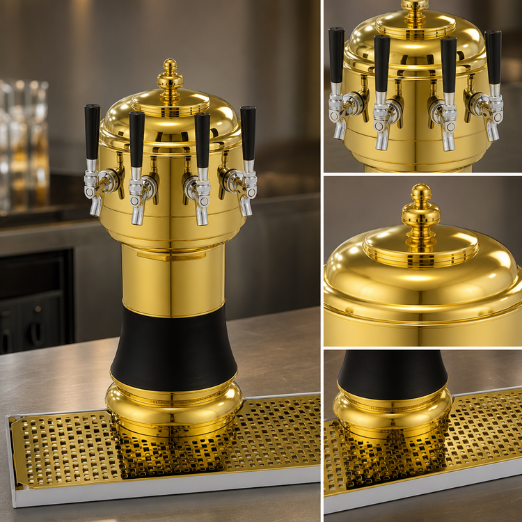 Product image #3 for Glastender Zeus 4-Faucet Countertop Draft Dispensing Tower with Surface-Mount Drain Pan, Polished Brass Finish
