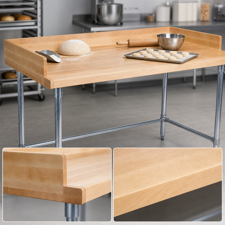 Product image #3 for BK Resources Stainless Steel Open Base Baker's Table with 1-3/4 Inch Hard Maple Top, 48 x 36 Inch