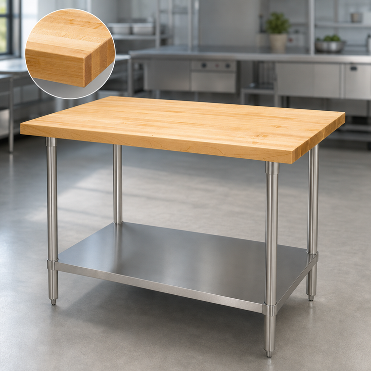 Product image #3 for Advance Tabco 60 Inch x 30 Inch Maple Top Work Table with Stainless Steel Legs and Adjustable Undershelf