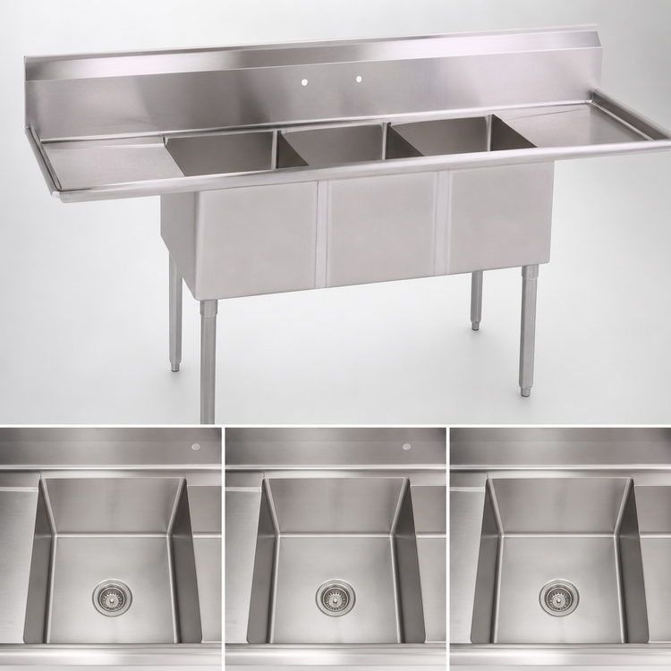 Product image #3 for John Boos E-Series 3-Compartment Sink with Left and Right Drainboards, 90" x 23-1/2", Stainless Steel